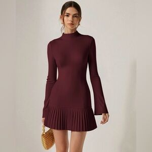 Commense Pleated Hem Mock Neck Mini Dress